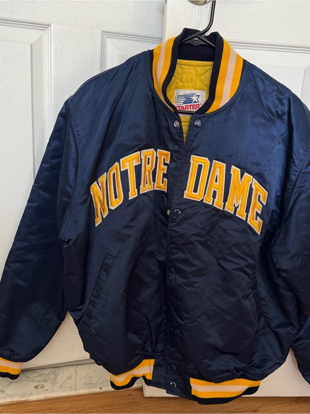STARTER Navy and Gold Notre Dame Satin Bomber Jacket